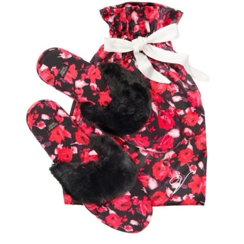 Victoria’s Secret Red Floral Satin Bedroom Slippers with Bag N247-36